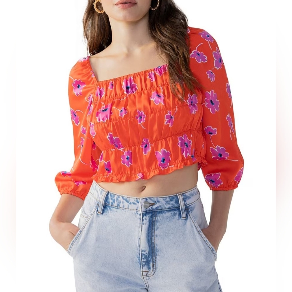 SanctuaryThink Of Me Woven Satin Floral Print Square Neck 3/4 Puffed Sleeve Top